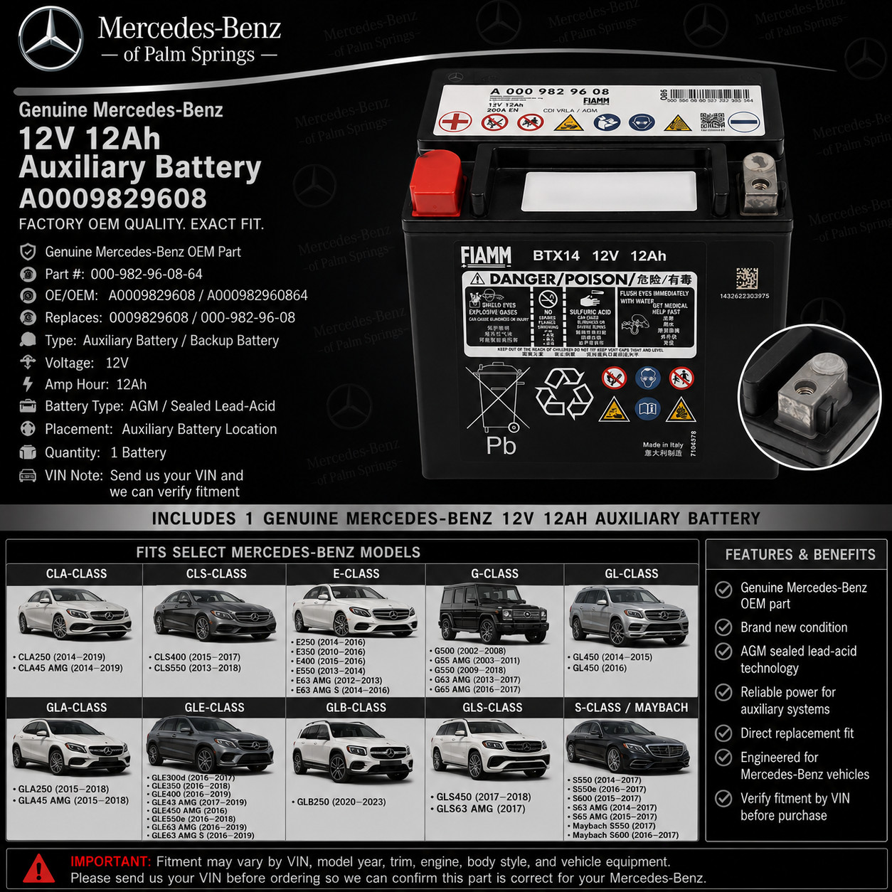 Genuine Mercedes-Benz 12V 12Ah Auxiliary Battery A0009829608 CLA E GLE S OEM