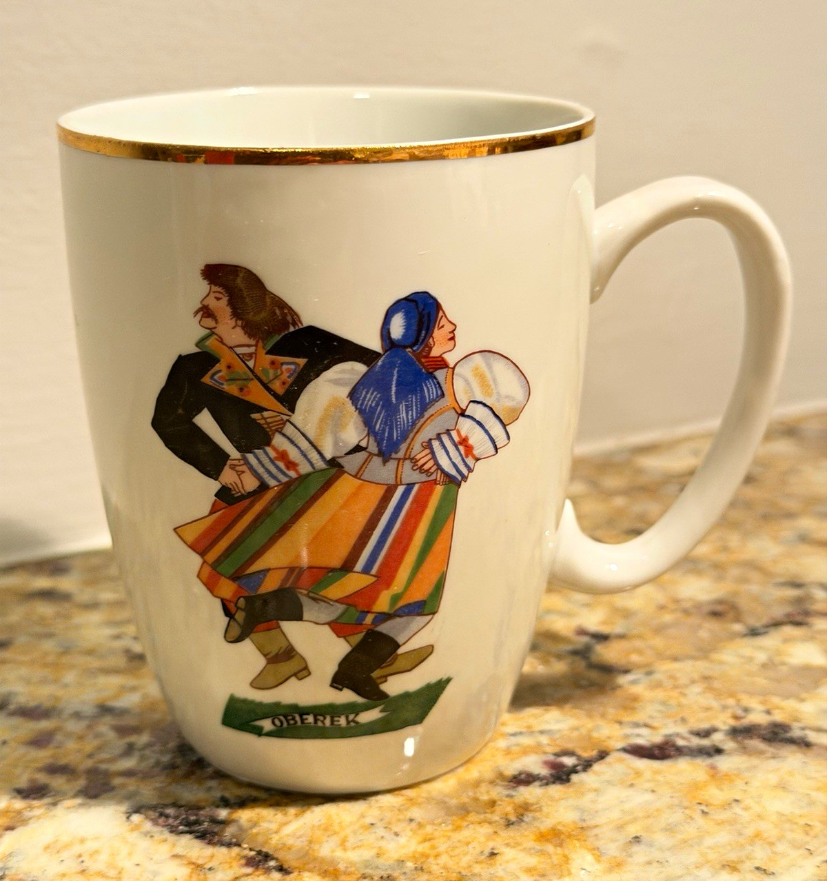 Vintage Collectible Polish Favolina Oberek Folk Dance Gold Trim Ceramic Mug