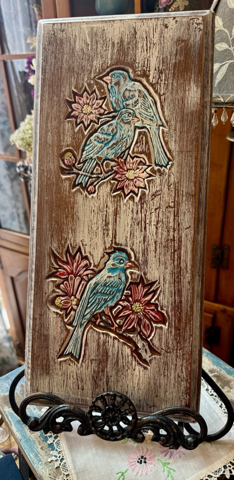 Rustic Vtg Solid Wood Bird Floral Wall Plaque 16.5 Carved Relief Folk Art Decor