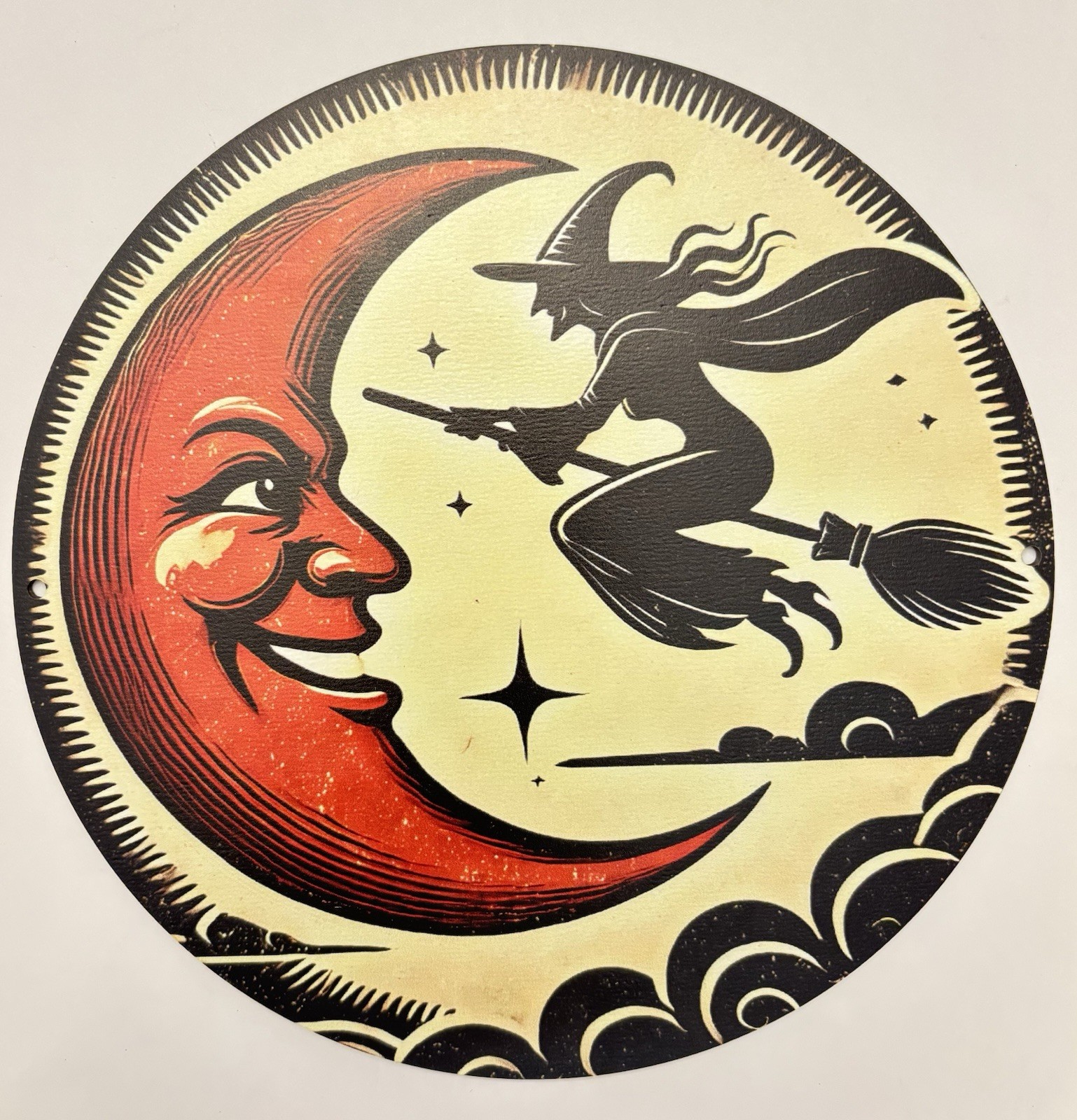 Vintage STYLE Halloween Anthropomorphic Moon And Witch Wood Wall Decor 7” Vintage STYLE Halloween Anthropomorphic Moon And Witch Wood Wall Decor 7”