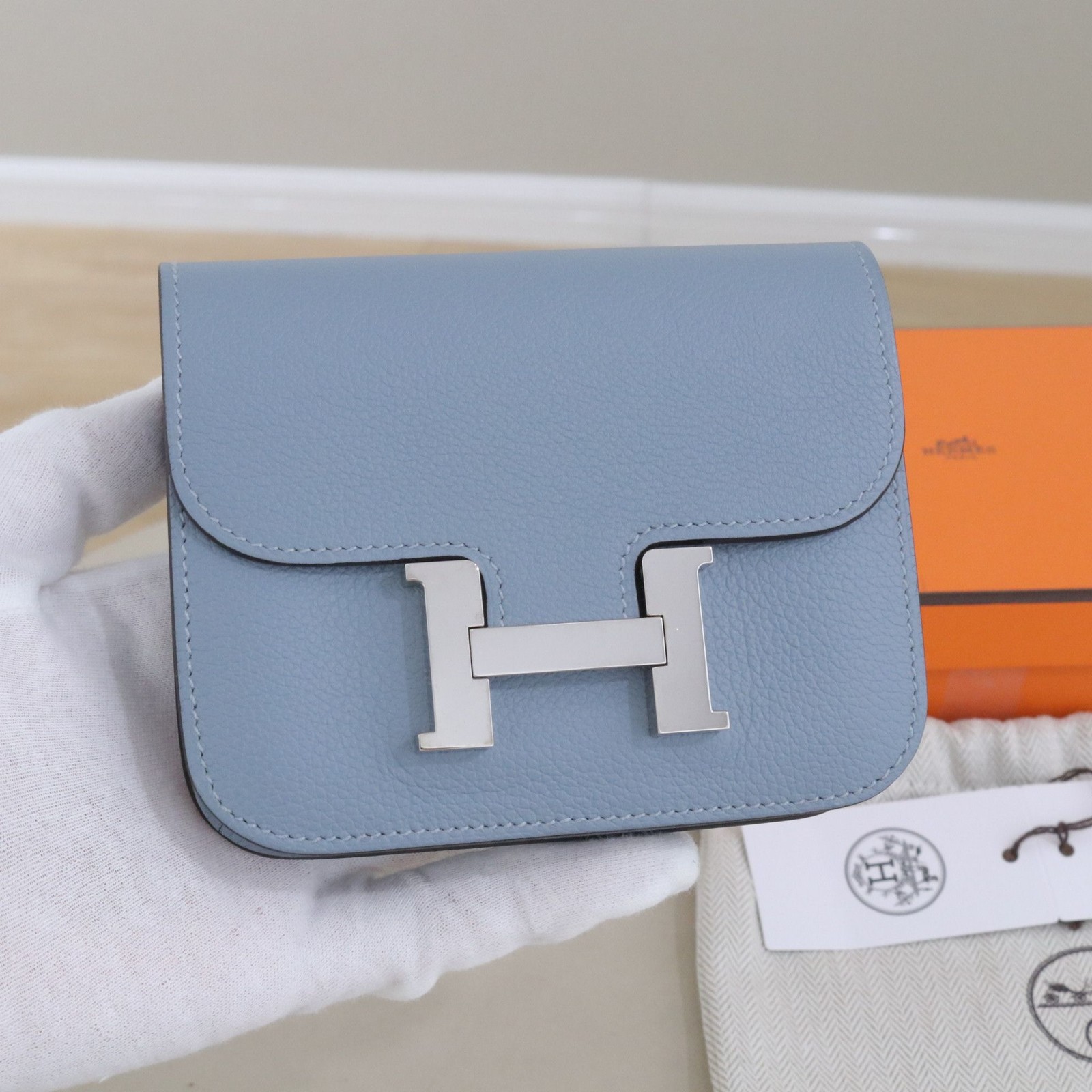 AUTH Hermes Constance Slim Bleu Lin Leather Palladium Hardware Wallet