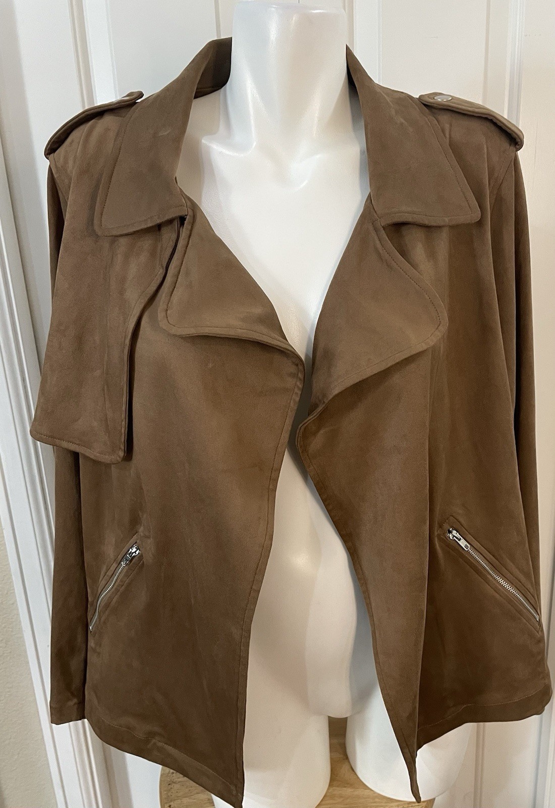 Skies Are Blue Faux Suede Moto Jacket Brown Size 1X Open Front Zippers NWT