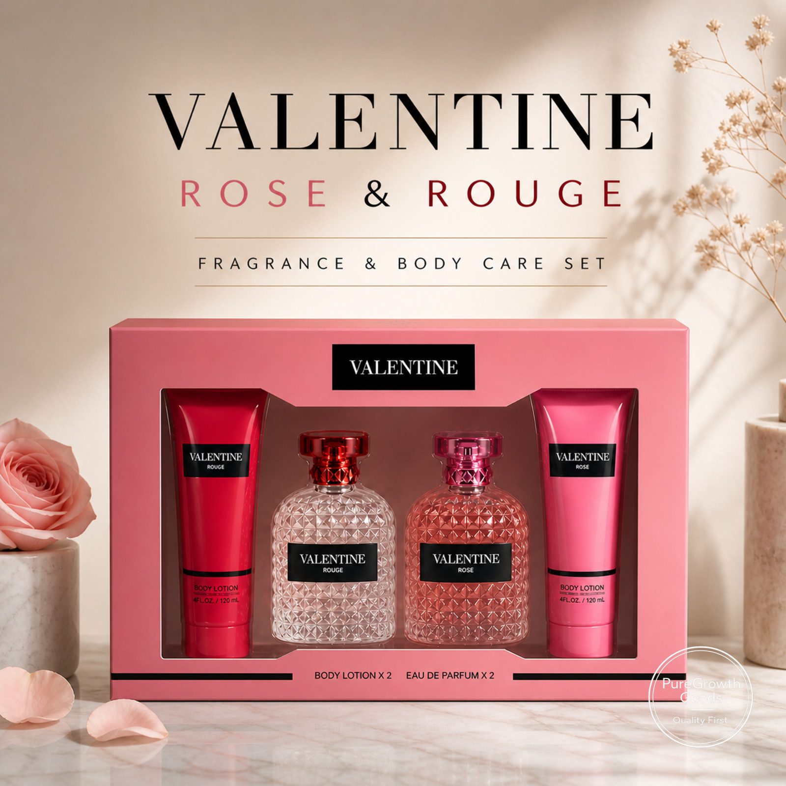 Women’s Perfume & Body Lotion Gift Set 4 Pc Rose & Rouge by Valentine