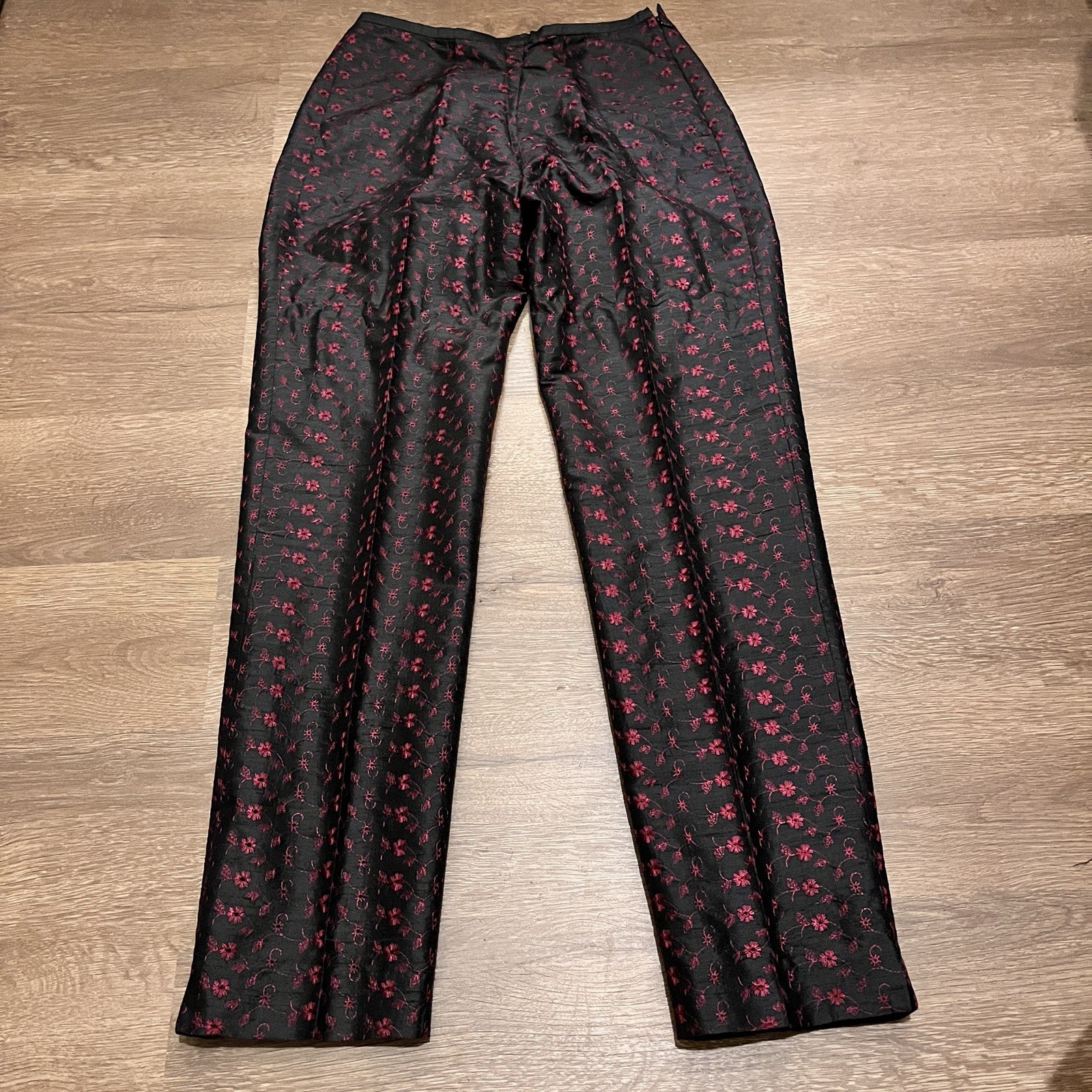 Karen Kane Lifestyle Womens Black 100% Silk Floral Embroidered Pants