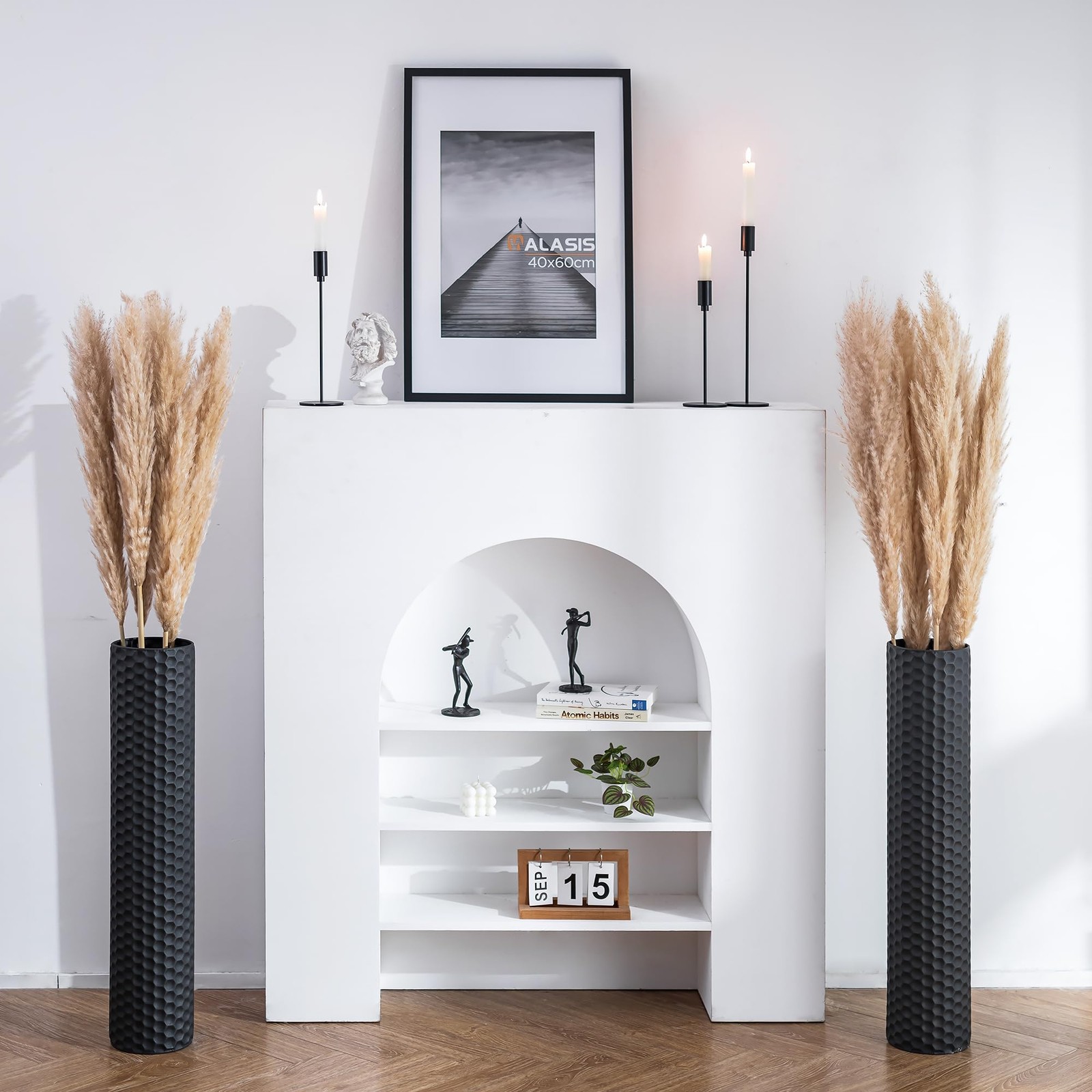 Sziqiqi Black Tall Floor Vase, Metal Modern Cylinder 2 Pcs Vases,