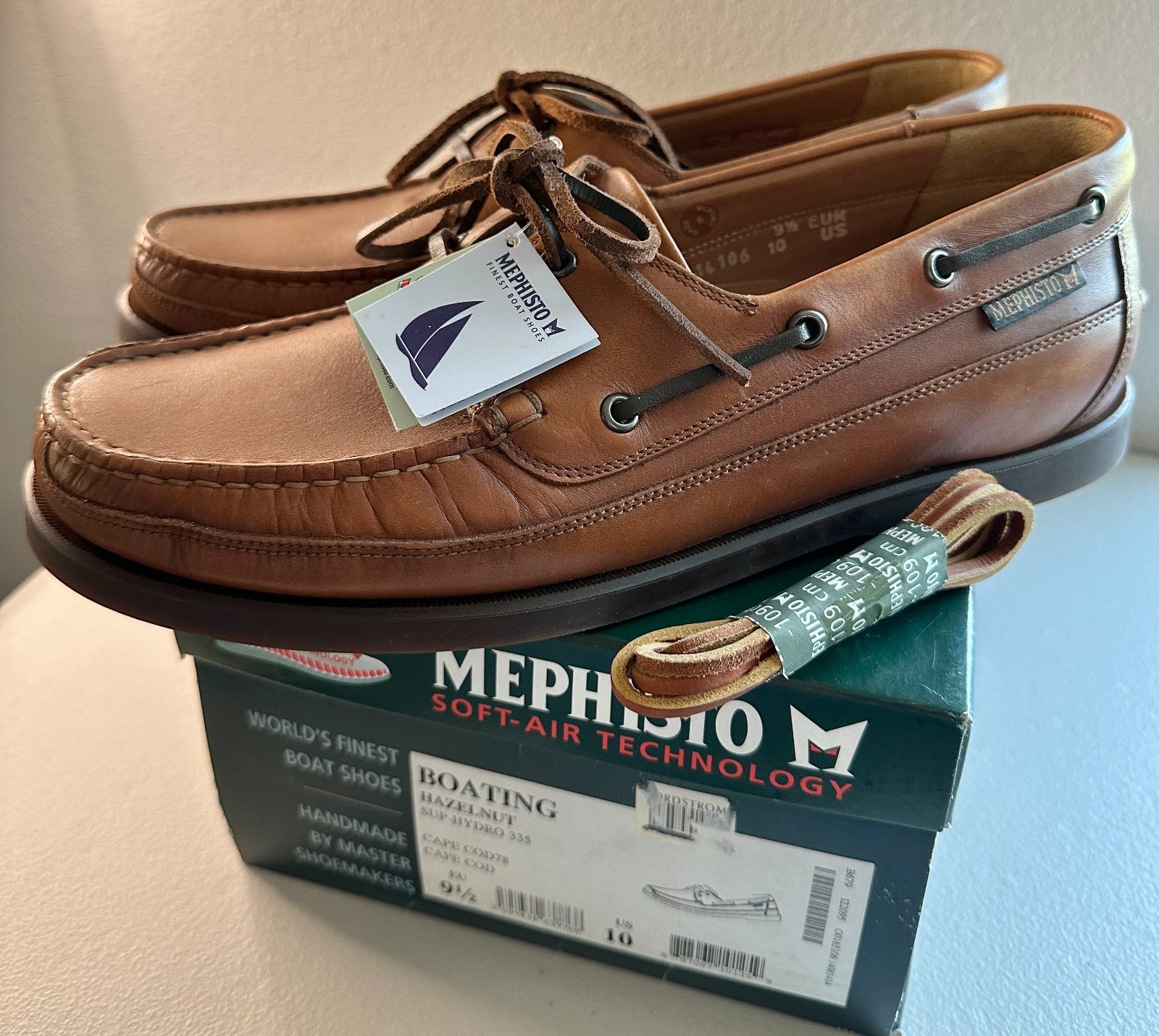 NEW Mephisto Boating Men’s US 10 Hazelnut Brown Leather Boat Shoes Air Relax NIB