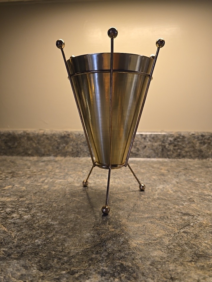 Atomic Mid Century Modern Brushed Aluminum Canister Legged Planter Container MCM Atomic Mid Century Modern Brushed Aluminum Canister Legged Planter Container MCM