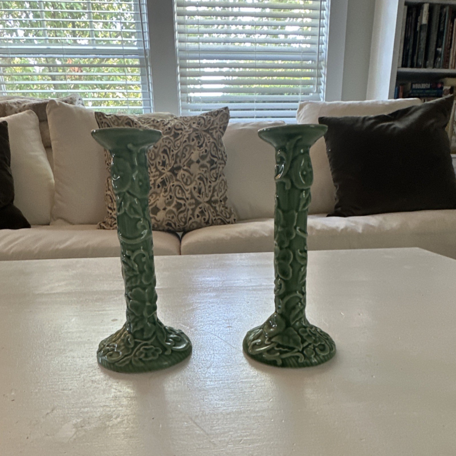 Green Vintage Bordallo Pinheiro ceramic candlesticks Majolica Style Portugal. Green Vintage Bordallo Pinheiro ceramic candlesticks Majolica Style Portugal.