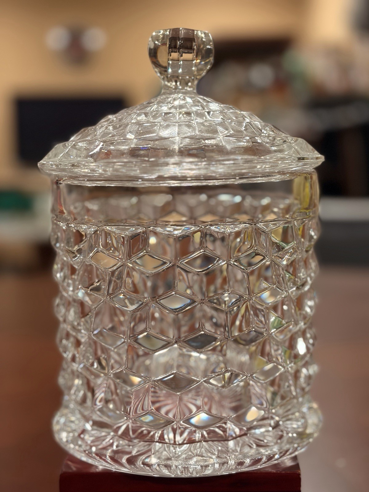 Vtg Fostoria American Clear Glass Cookie Jar/Lid 2056 Cubist Cookie Jar 9” Ex Co