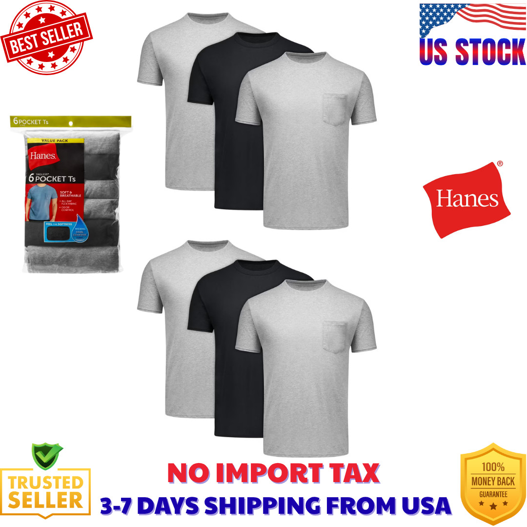 Hanes Men's Cotton Pocket T-Shirt Pack with Odor Control, Black/Grey, 6-Pack