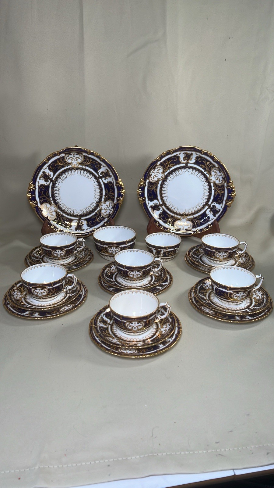 Antique Royal Crown Derby Cobalt Blue Heavy Gilt Trios & Serving Plates #2341