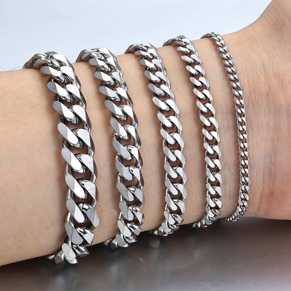 Men\'s Chain 3/5/7/9/11mm Stainless Steel Bracelet Silver Curb Cuban Link 7-9\ Men\'s Chain 3/5/7/9/11mm Stainless Steel Bracelet Silver Curb Cuban Link 7-9\