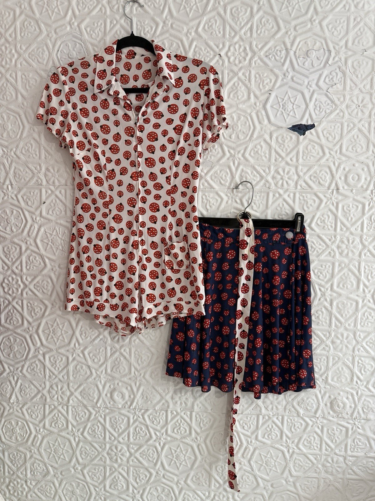 vintage 1970s-1960s ladybug romper mini skirt-Playsuit Derby Hippie Disco twee s