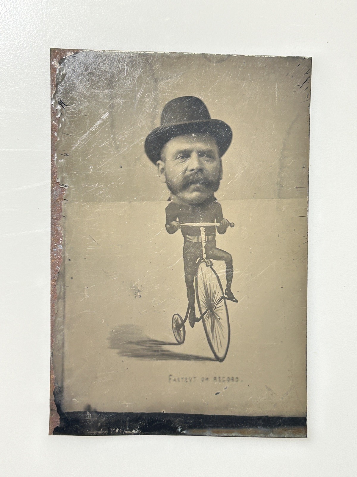 Antique 1800s Novelty Tintype Photo Man on Bicycle Penny Farthing Comic Portrait