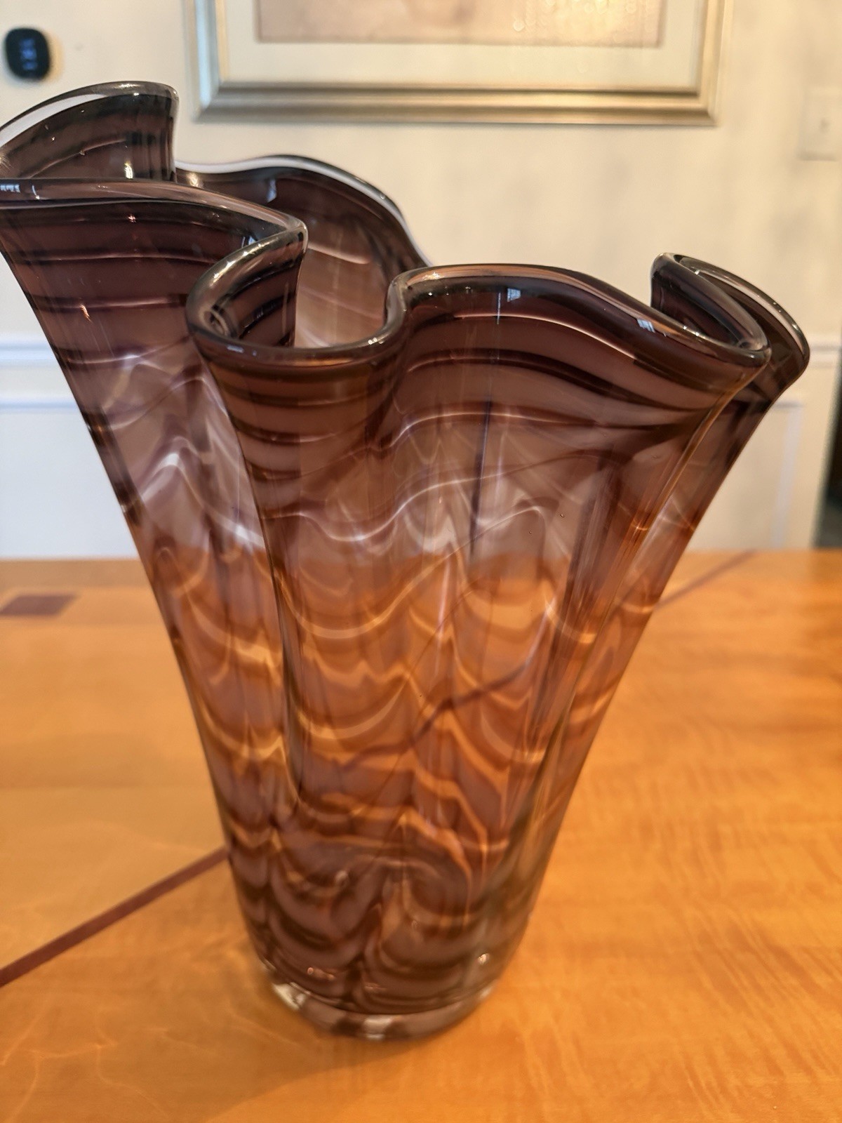 Large 13.5”T Vtg Hand Blown Royal Gallery Mauve Mid Century Wavy Rim Vase. Mint