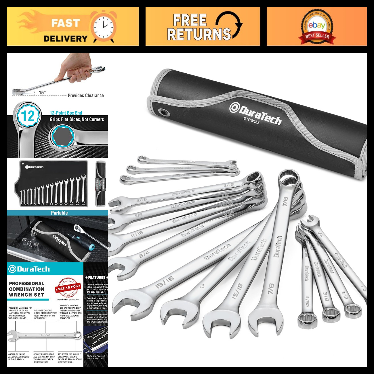 15-Piece SAE Combination Wrench Set, 1/4\