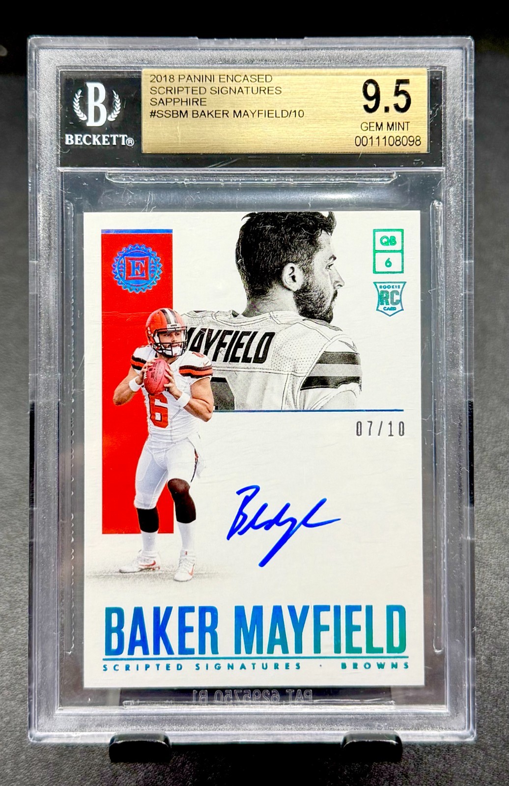 2018 PANINI ENCASED BAKER MAYFIELD RC SCRIPTED SIGNATURES SAPPHIRE #/10 BGS 9.5