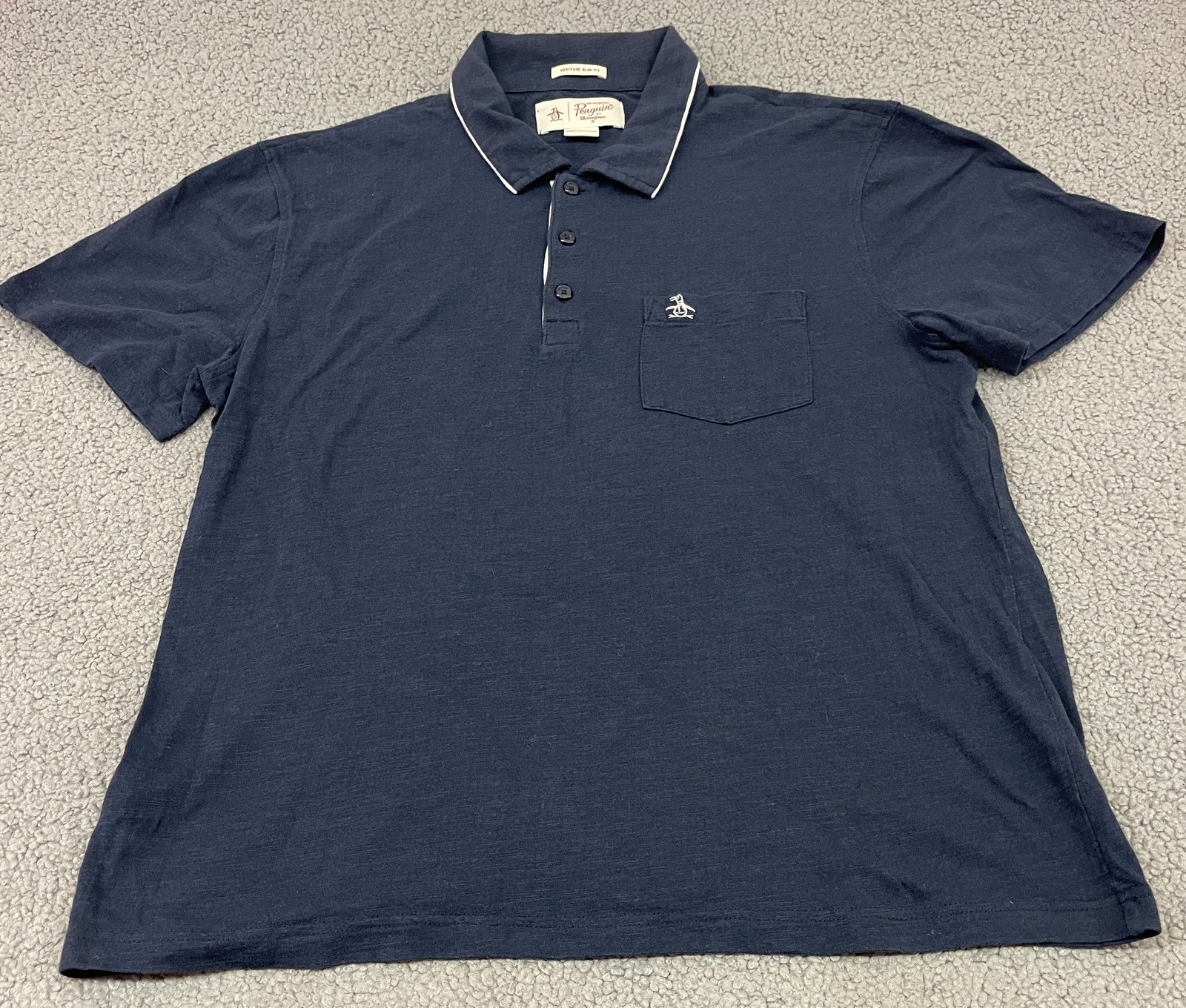 Original Penguin Men\'s Large Navy Heritage Slim Fit Pocket Polo Shirt