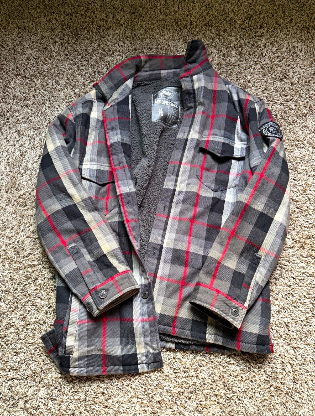 Aéropostale Men\'s XL Plaid Lined Button Shacket Jacket Gray Black Red 2017