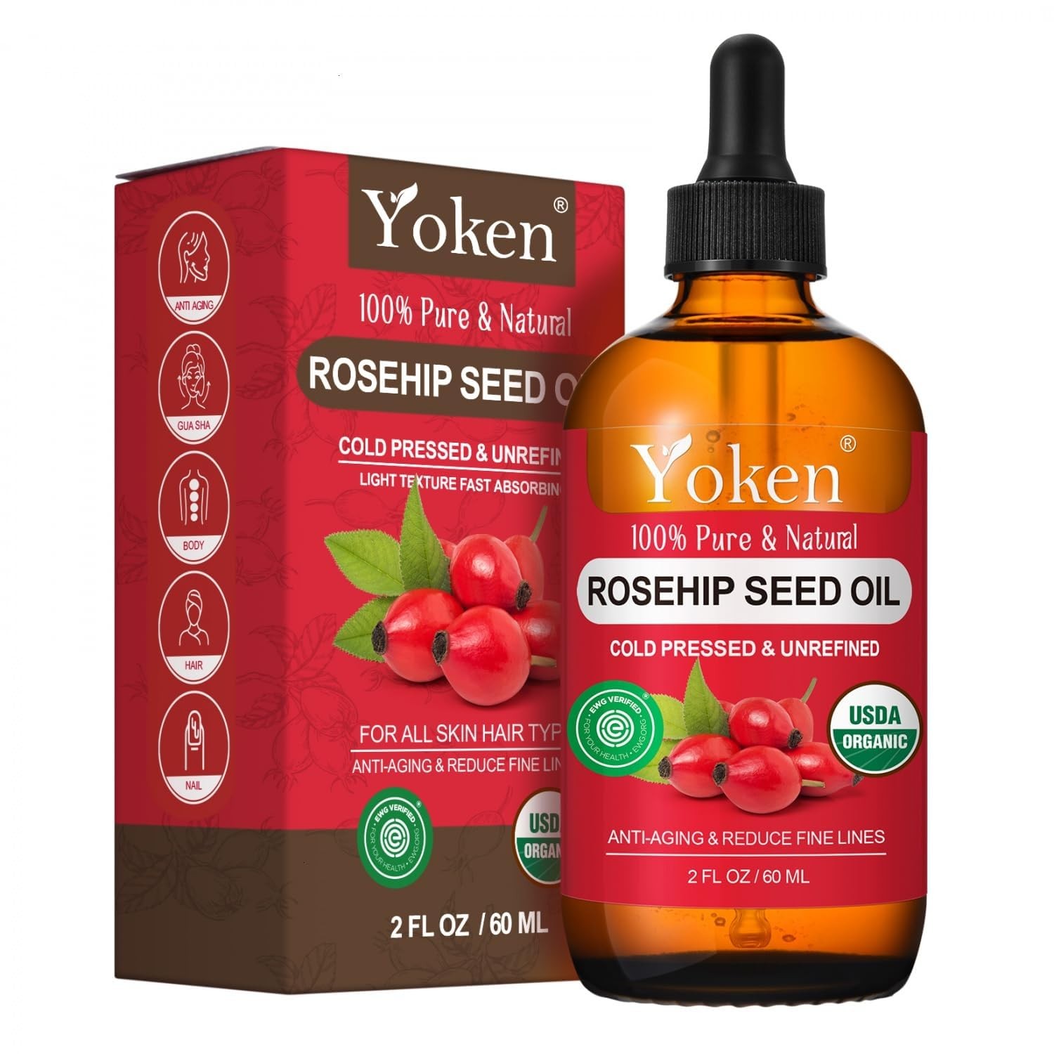Yoken Organic Rosehip Seed Oil for Face Skin & Hair Cold Pressed 2 fl oz Rose