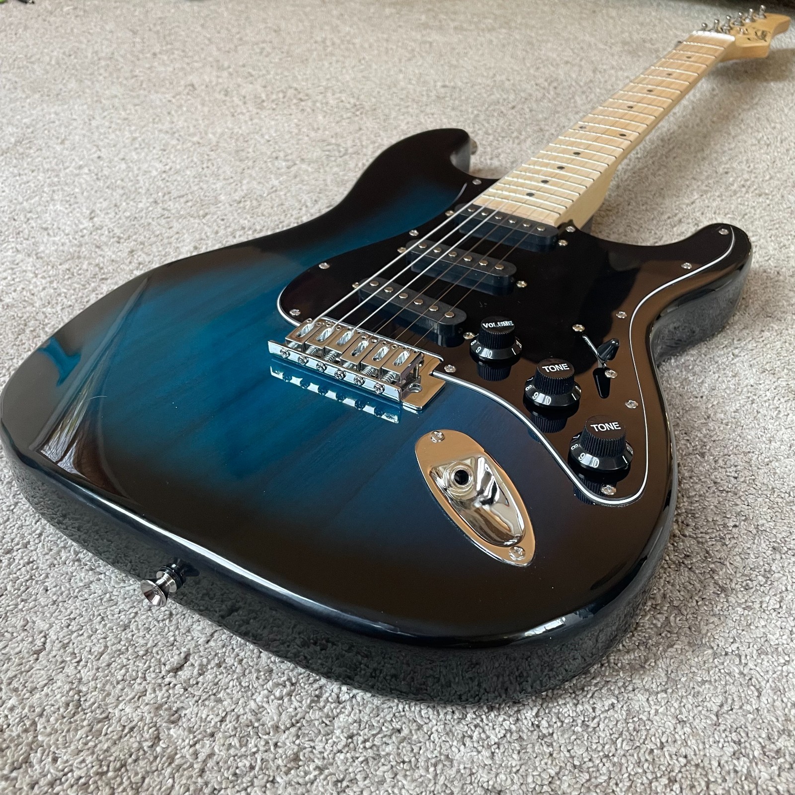 Full-Size Dark Transparent Blue Electric Guitar Package with Gig Bag and More