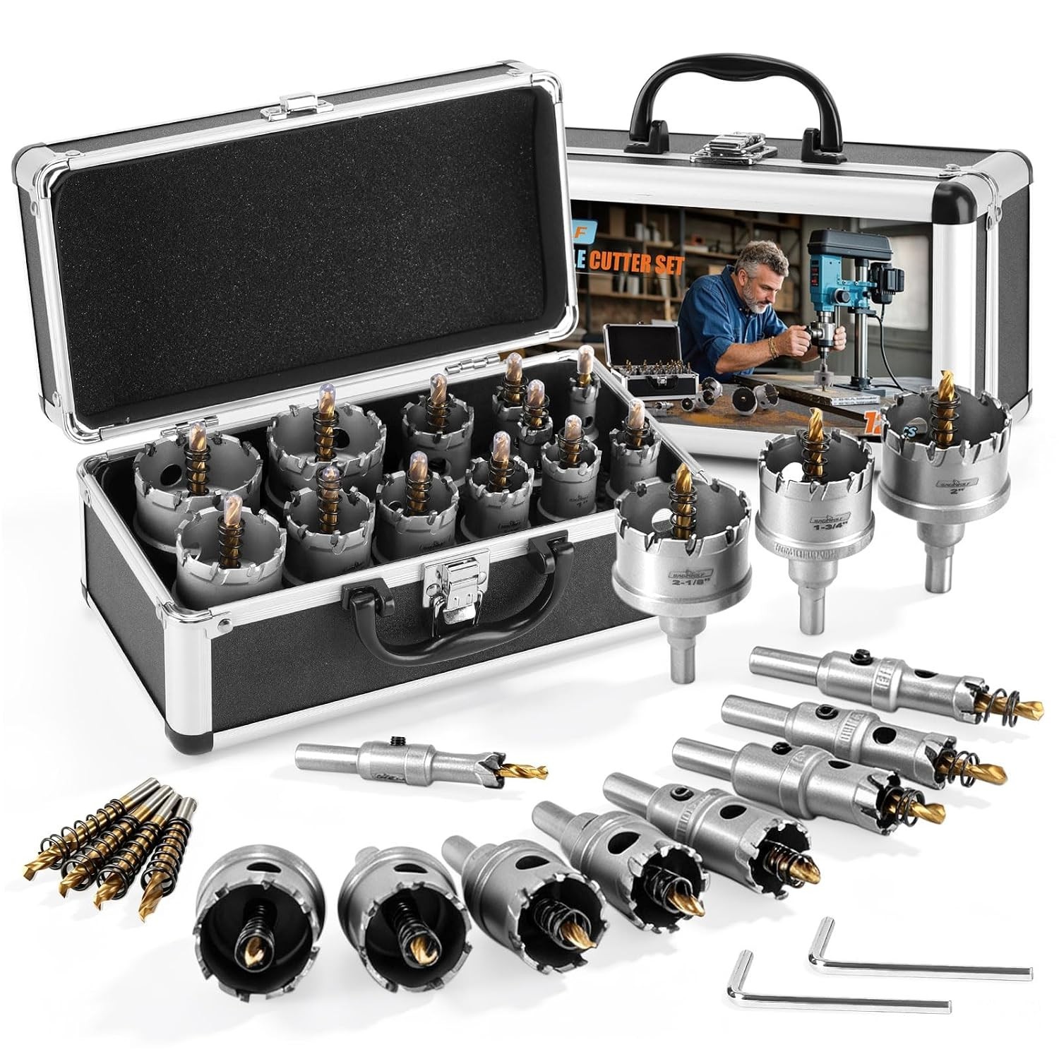 18PCS Heavy Duty Carbide Hole Saw Kit for Metal, Hole Cutter Drill Bits