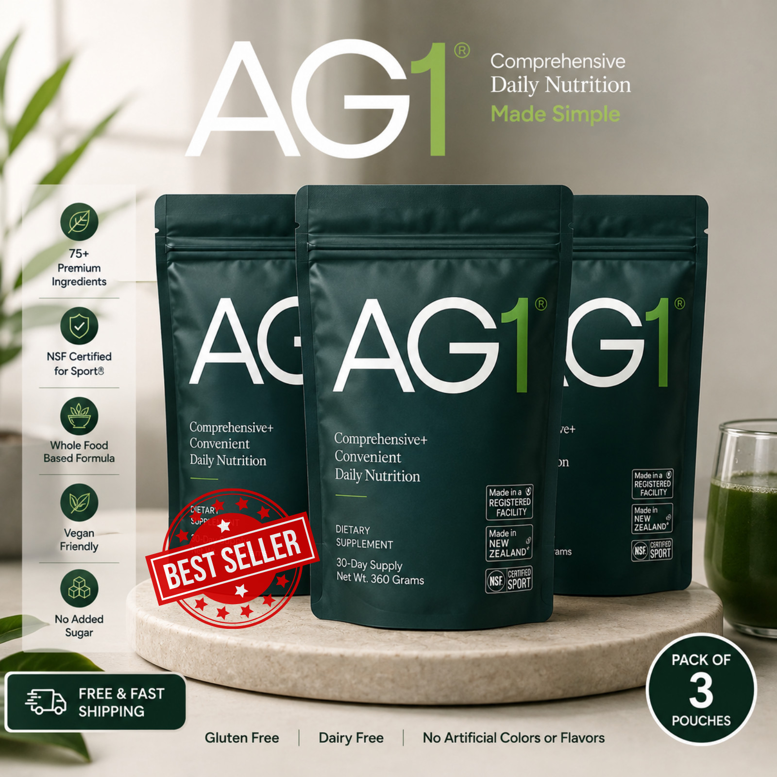 Genuine 3x Bags AG1 Athletic Greens PowderPouch 12.7oz 360g 30 Day Supply 07/28