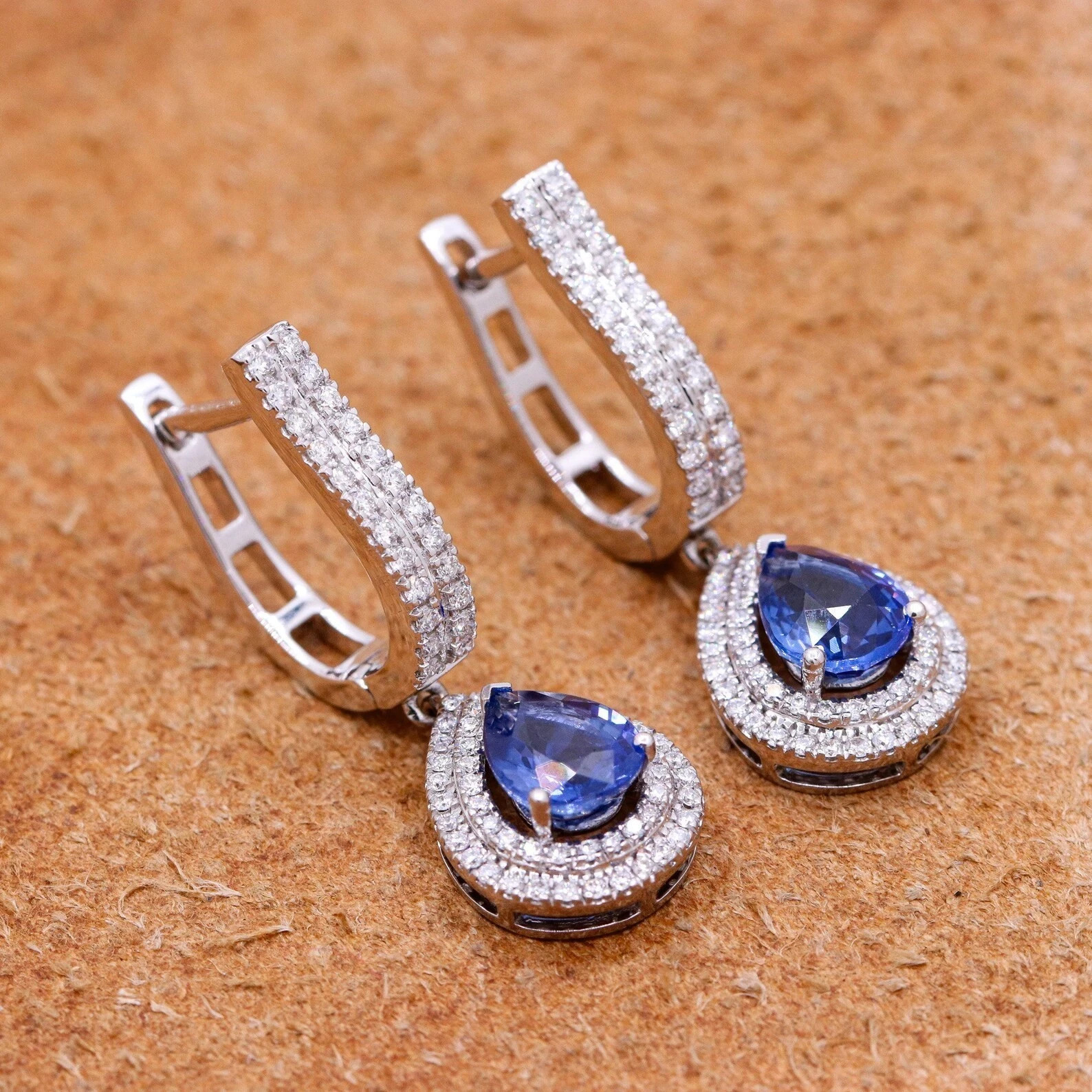 5.00Ct Pear Cut Natural Blue Sapphire Diamond Earrings 14K White Gold
