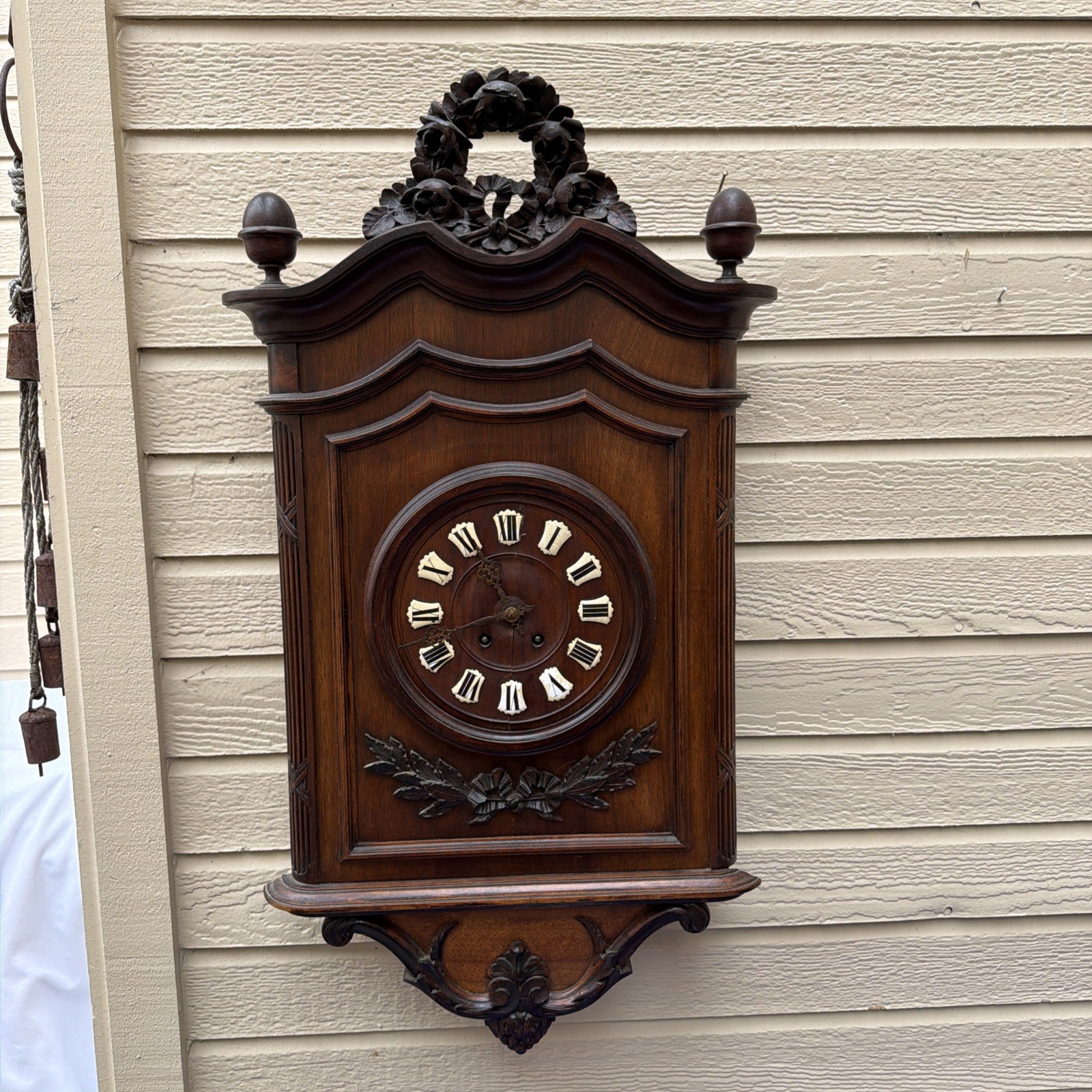 Antique XIX German black forest Wood carved wall clock Porcelain Numbers