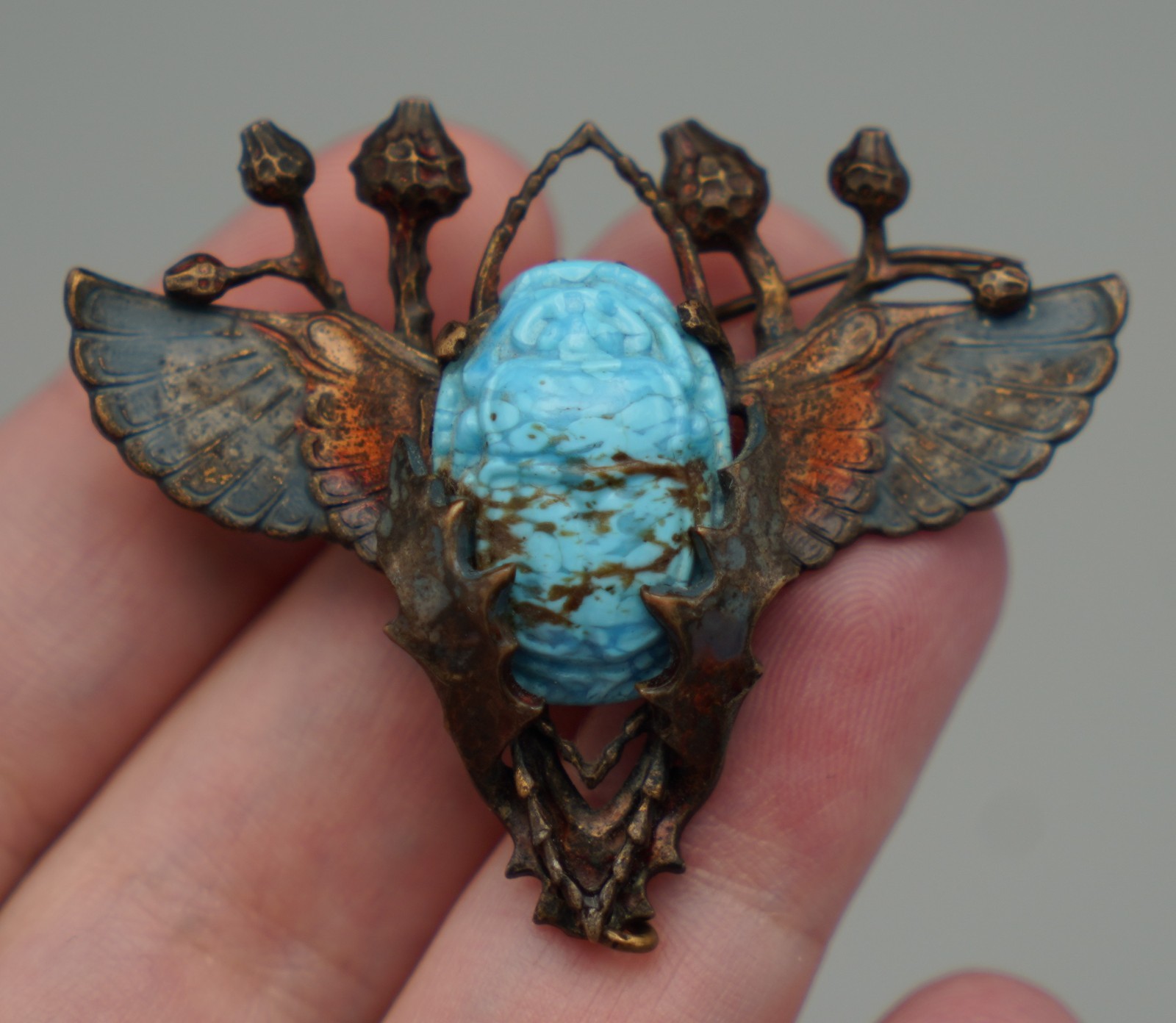 Art Nouveau Egyptian Revival Czech Glass Scarab Brooch-Broken Clasp-1890s-1910 Art Nouveau Egyptian Revival Czech Glass Scarab Brooch-Broken Clasp-1890s-1910