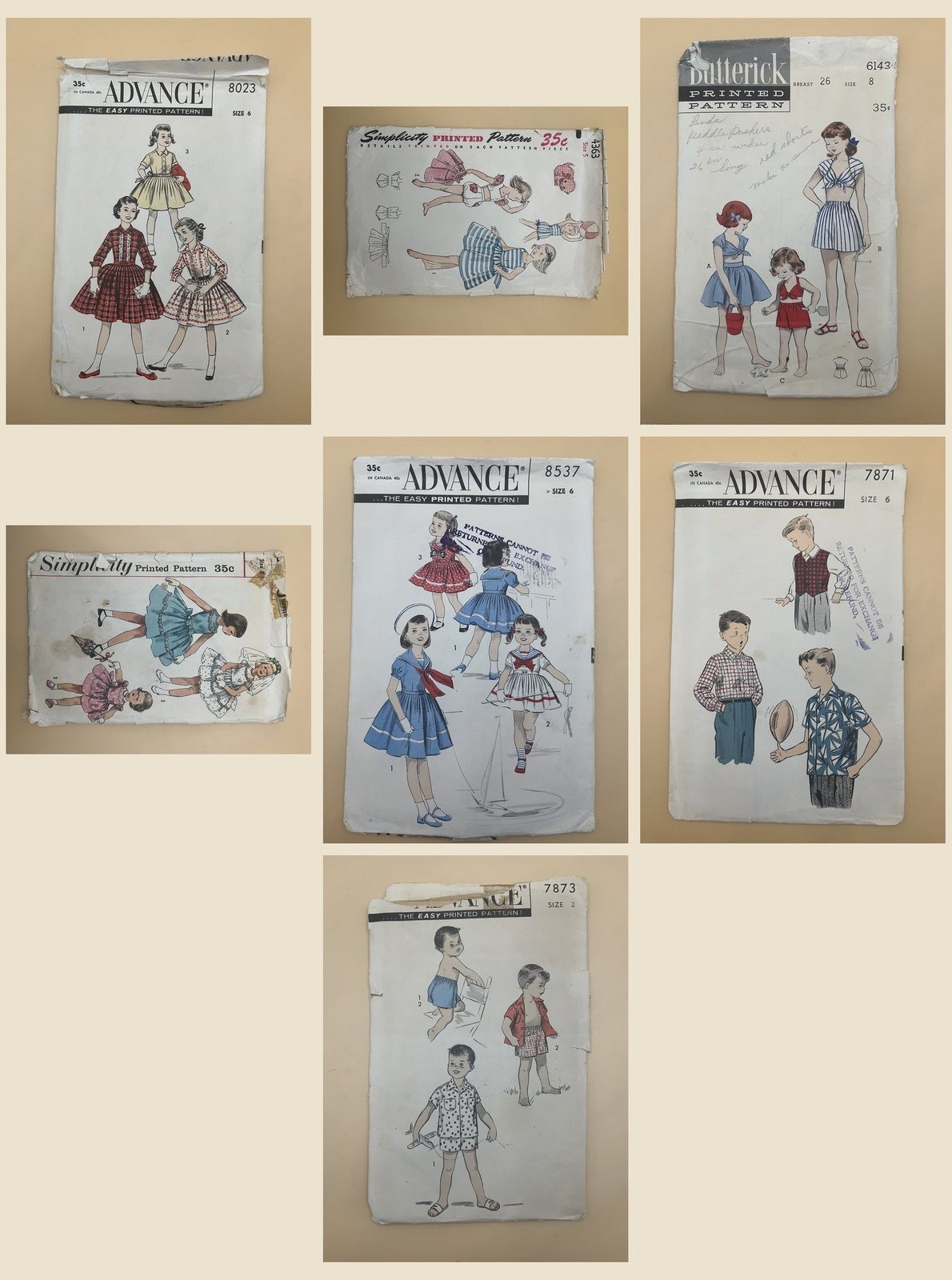 Lot 7 Vintage 1950s Childrens Sewing Patterns Girls Dress Boys Shirt Toddler
