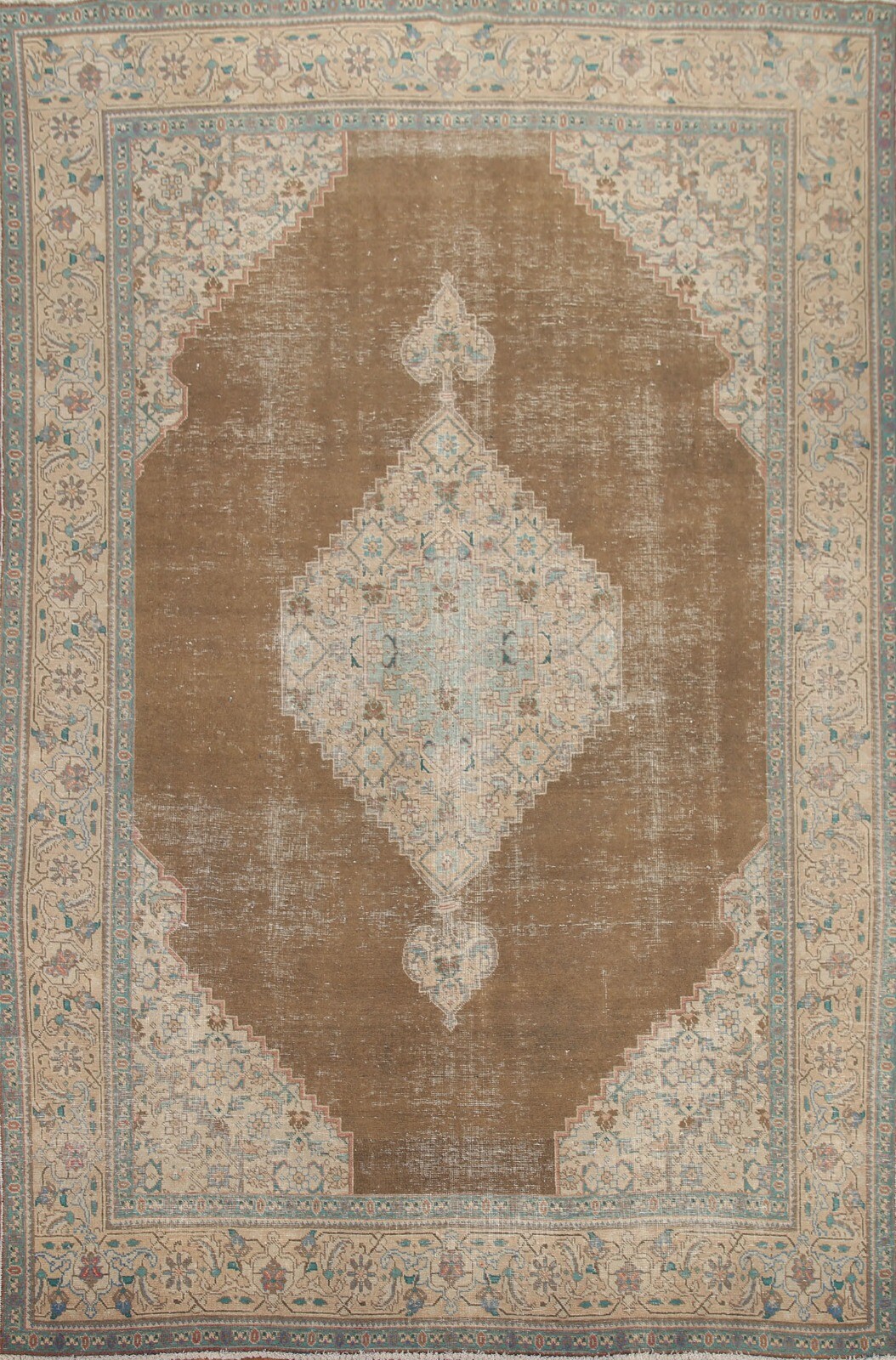 Semi-antique Distressed Traditional Tebriz Brown Area Rug 8x11 Handmade Wool