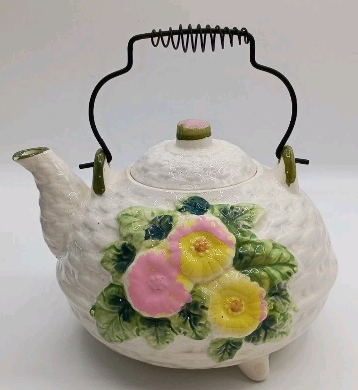 Vtg. 50s Japan Ceramic Basketweave Footed Teapot Pink Yellow Floral Wire Handle Vtg. 50s Japan Ceramic Basketweave Footed Teapot Pink Yellow Floral Wire Handle