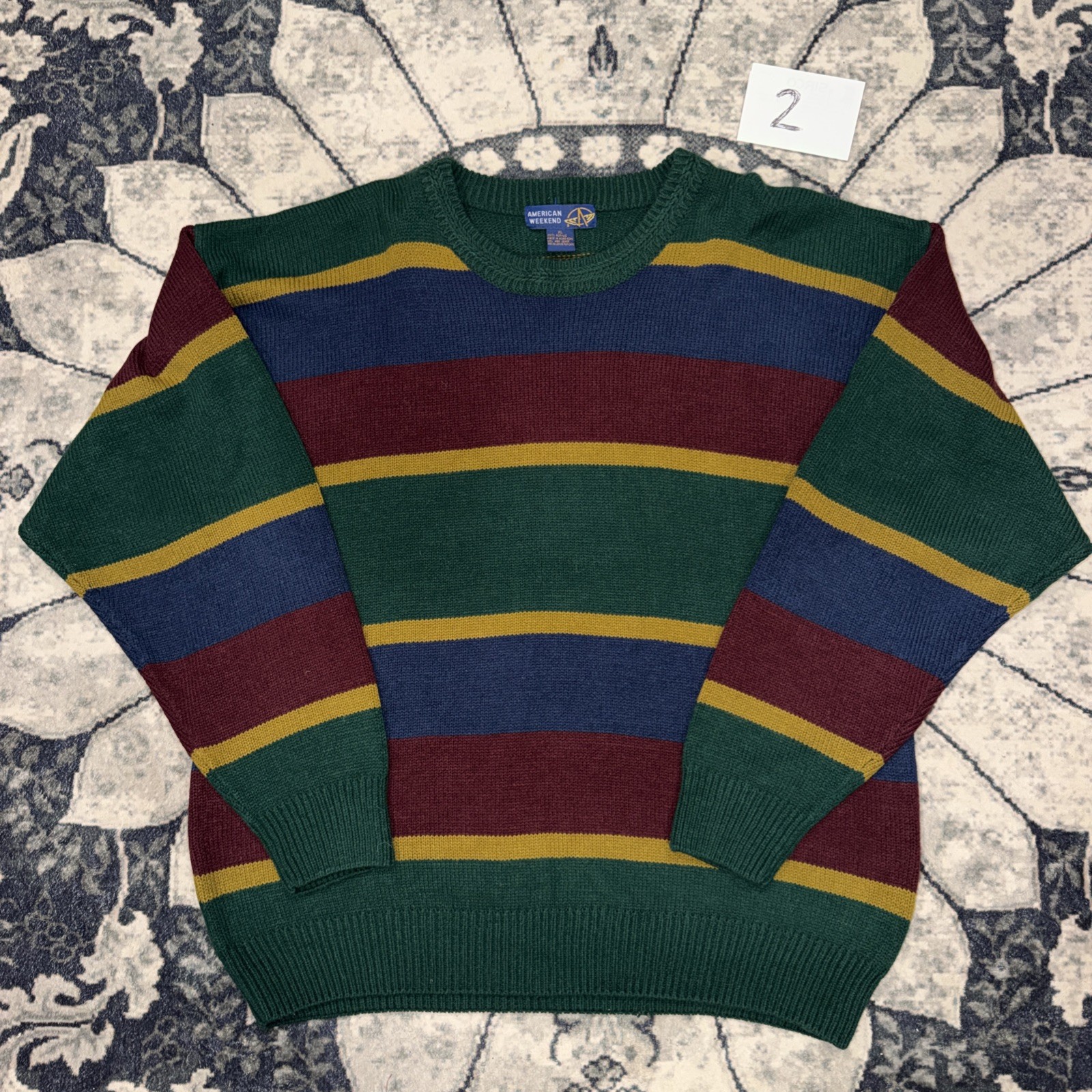 Vintage American Weekend Sweater Mens XL Green Red Striped Acrylic Knit 90s NWOT
