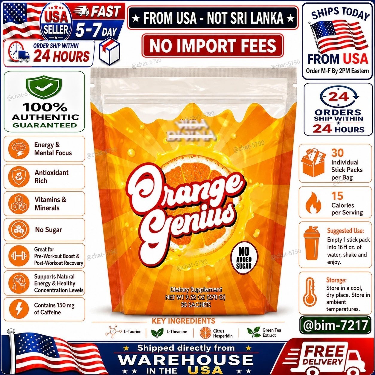 Orange Genius Energy Focus Drink 30 Stick Packs New/Sealed Exp.2028🚚From USA🚚