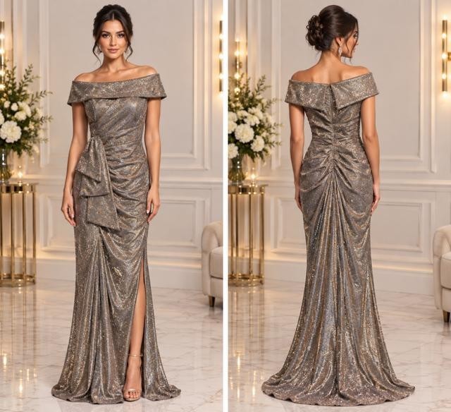 Xscape Sand Cascade Ruffle Detail Off the Shoulder Metallic Gown Size 18W $299