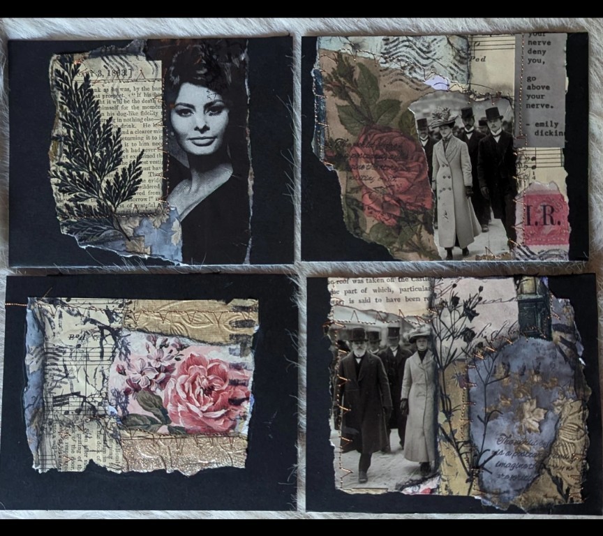Original Collage Art Mixed Media 19th Century Ephemera Set (4) 4x5