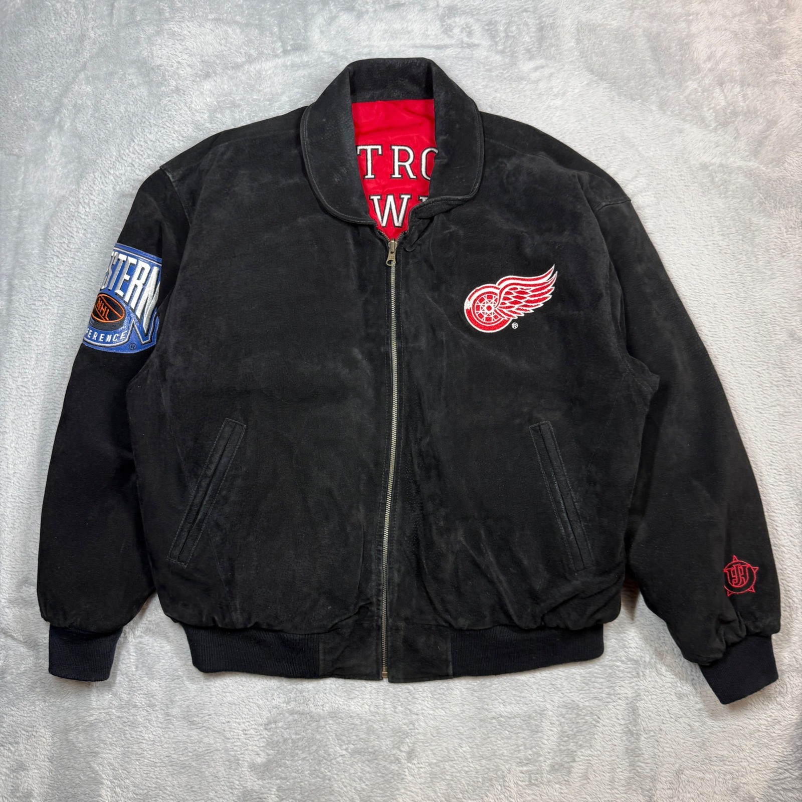 Vintage Detroit Red Wings Reversible Jacket Mens XL Black Suede Leather Y2K