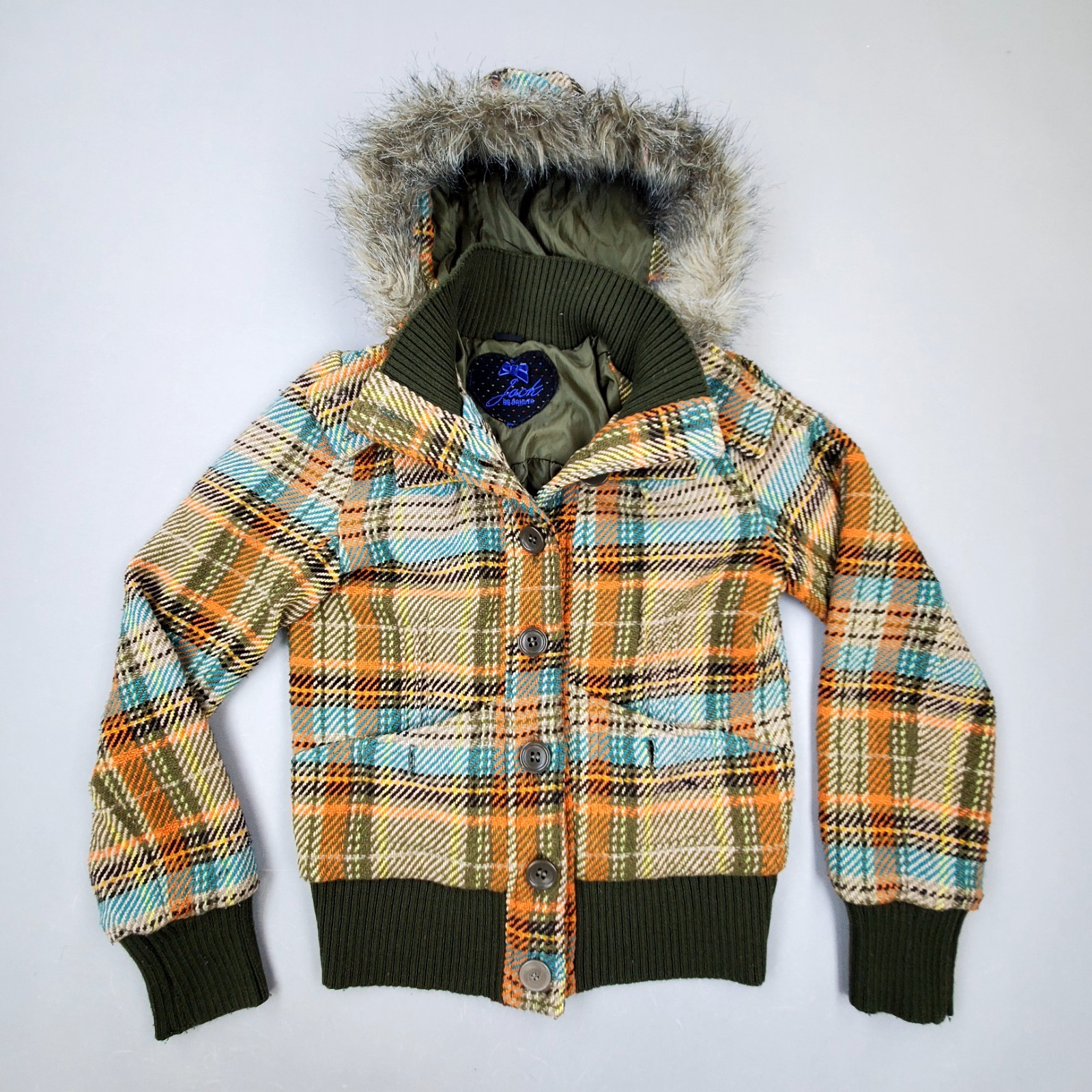 Vtg Y2K Jack BB Dakota Plaid Tweed Button Up Jacket Womens Size M Bomber Hoodie