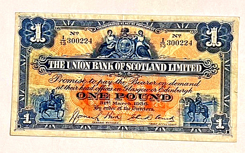 UNION BANK OF SCOTLAND 1 POUND NOTE 1936 VINTAGE SCOTTISH CURRENCY I/13 300224