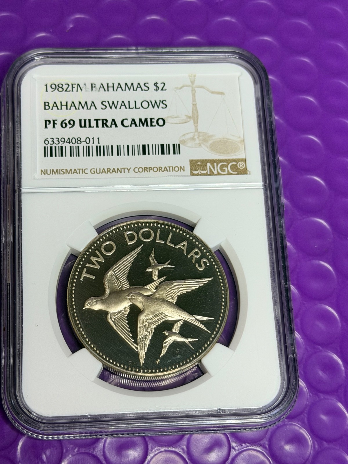 1982-FM BAHAMAS Islands BIRDS SWALLOWS Proof 2 Dollars Coin NGC Mintage 1217
