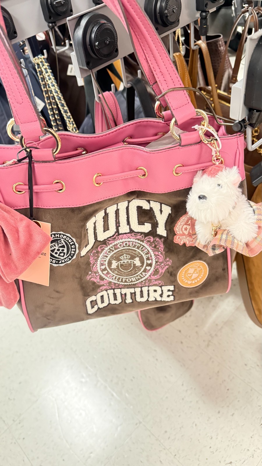 NWT Juicy Couture Varsity Daydreamer Tote Chocolate Pink w Scottie Dog charm