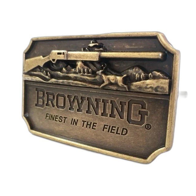 VINTAGE BROWNING RIFLE GUN BELT BUCKLE BRASS FINEST IN THE FIELD HUNTING INDIANA VINTAGE BROWNING RIFLE GUN BELT BUCKLE BRASS FINEST IN THE FIELD HUNTING INDIANA