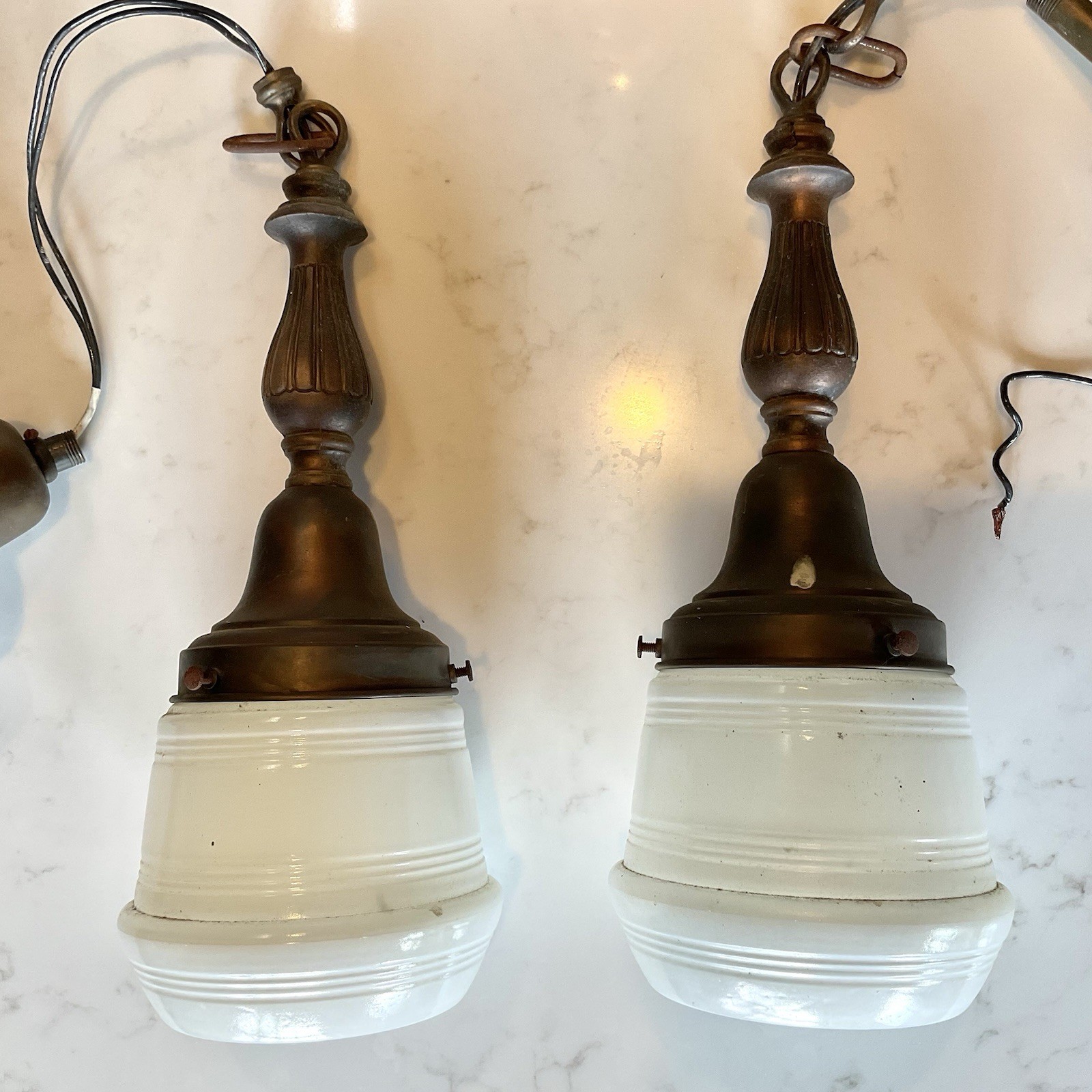 PAIR VTG Antique Pendant Schoolhouse Lights Milk clear Brass Reclaimed Salvage 2