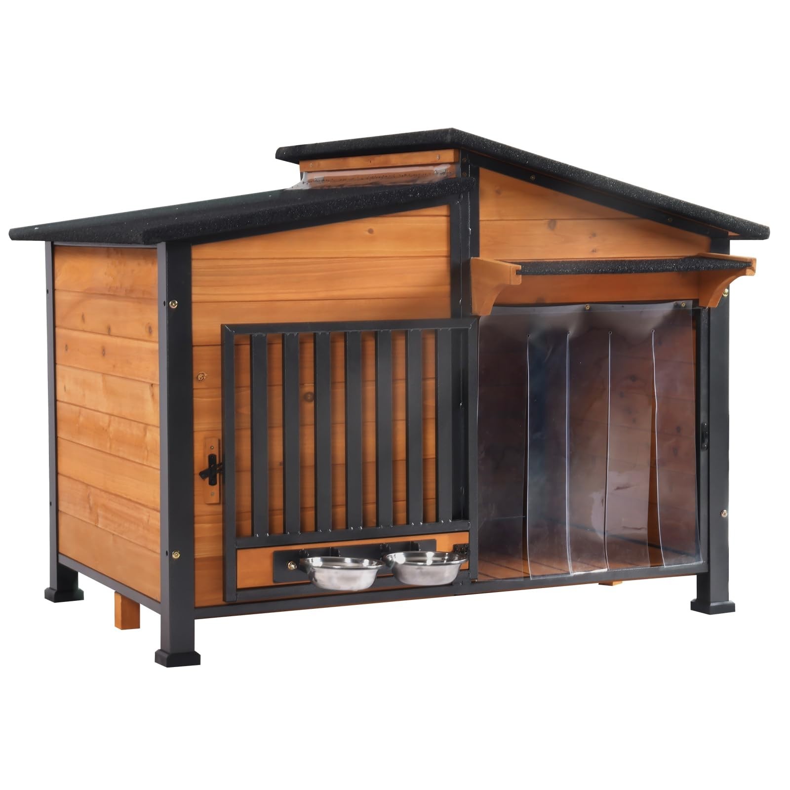 Dog House Outdoor Dog Kennel with Chew-Proof Metal Frame, Rotating Food Bowl, PV Dog House Outdoor Dog Kennel with Chew-Proof Metal Frame, Rotating Food Bowl, PV