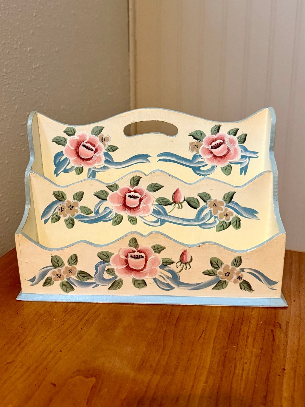 Vintage Hand Painted Wooden Letter Holder Tiered Desktop Organizer Floral Ribbon