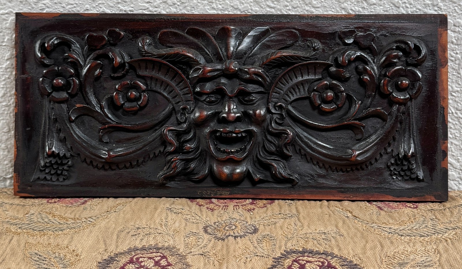 Antique 19th C. Carved Mahogany Floral Panel Man Beast French Renaissance #1 Antique 19th C. Carved Mahogany Floral Panel Man Beast French Renaissance #1
