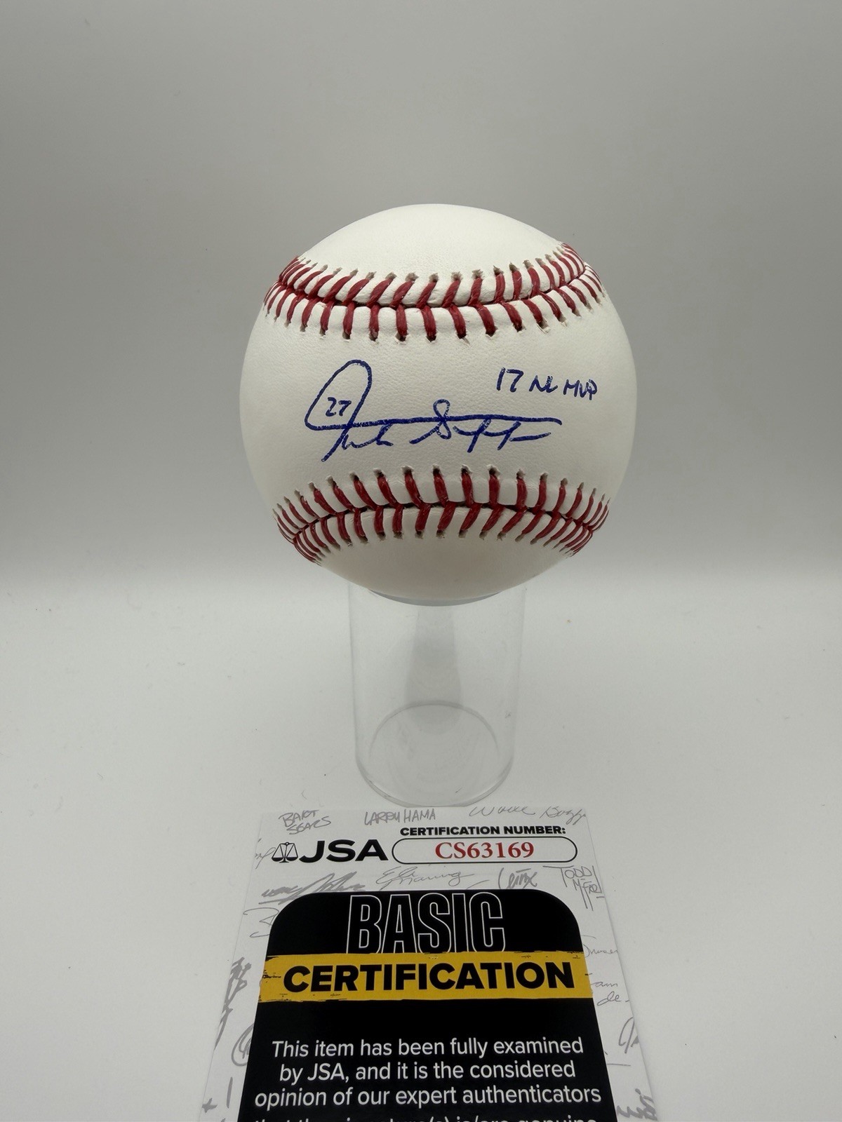 Giancarlo Stanton Signed Baseball 17 NL MVP Inscribed Auto JSA COA Giancarlo Stanton Signed Baseball 17 NL MVP Inscribed Auto JSA COA