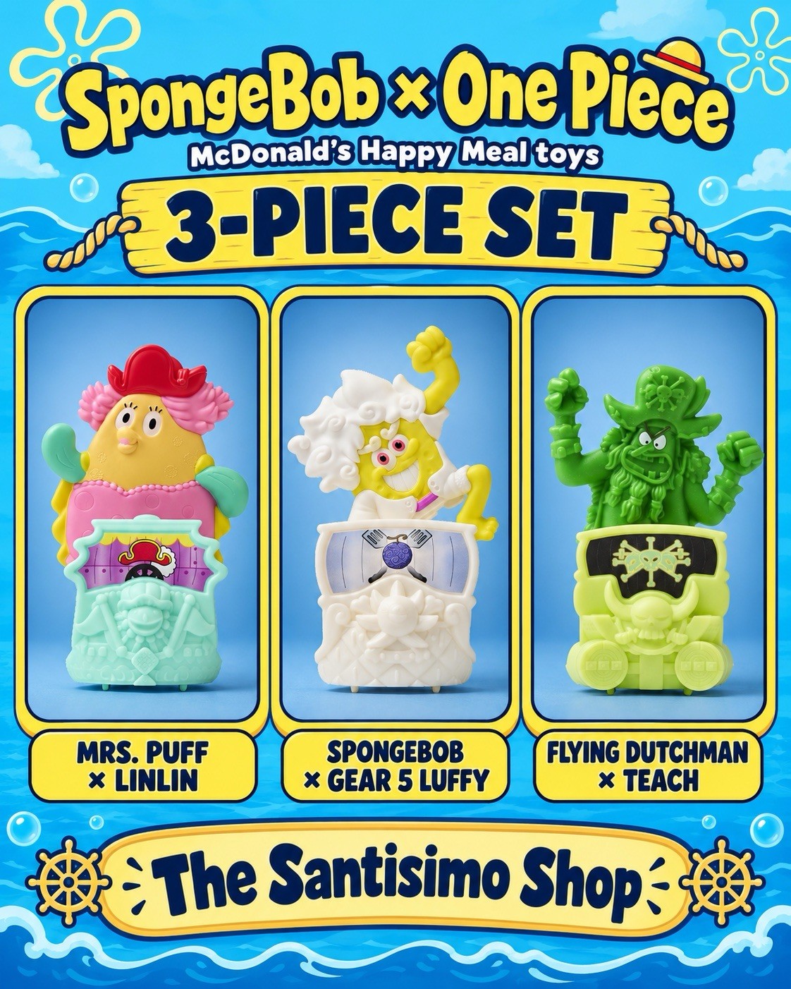 McDonald's SpongeBob x One Piece USA Exclusive 3 Toy Lot Luffy Mrs Puff Dutchman