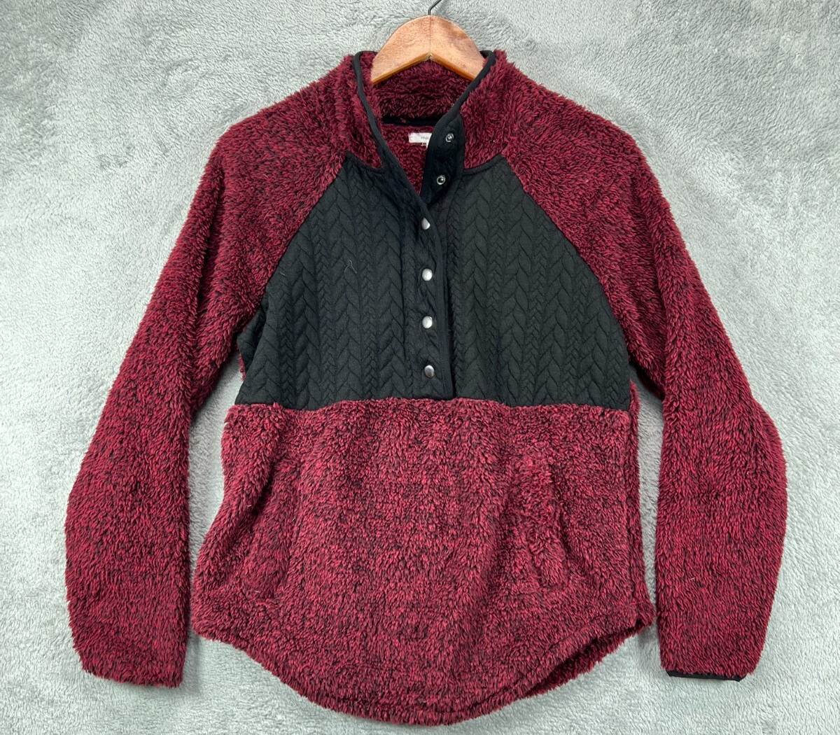 NWT Maurices Womens Small Faux Fur Half T Snap Jacket Dark Red Sherpa Pullover